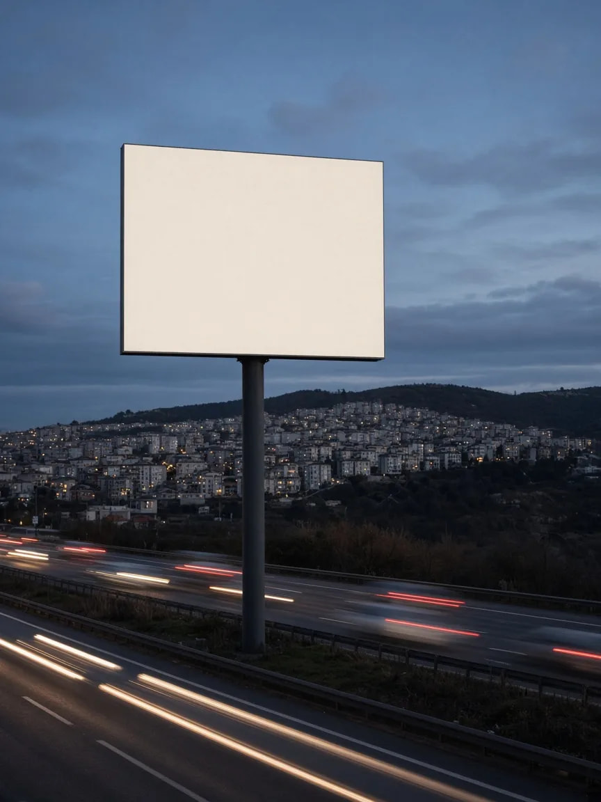 Akşam saatinde hızlı akan otoyolun kenarında yükselen billboard; arkada yamaçtaki konutlar.