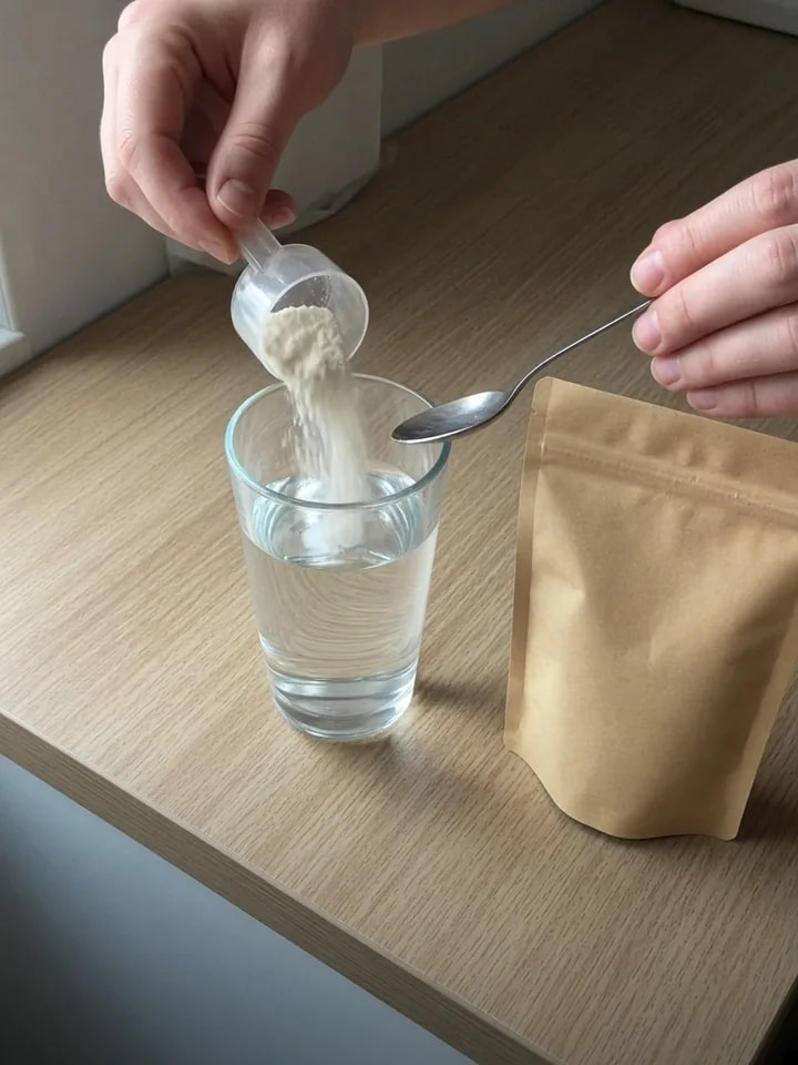 Kurgusal temsili creator çekiminden kare: bir el bardaktaki suya bir ölçek toz döküyor, diğer el kaşıkla karıştırmaya hazırlanıyor; yanında etiketsiz kraft paket.